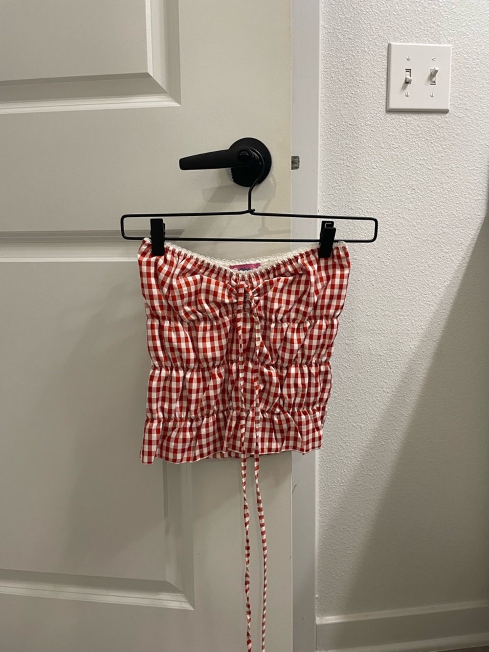 Edikted Red and White Gingham Strapless Crop Top